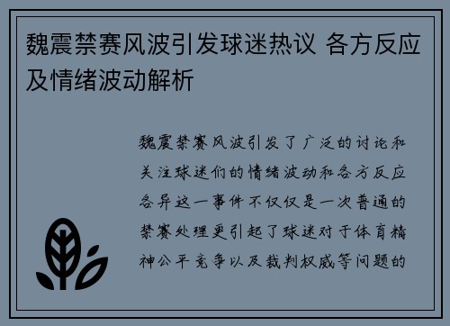 魏震禁赛风波引发球迷热议 各方反应及情绪波动解析