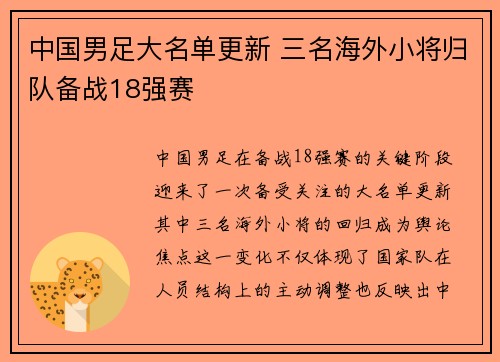 中国男足大名单更新 三名海外小将归队备战18强赛 中国男足大名单更新 三名海外小将归队备战18强赛