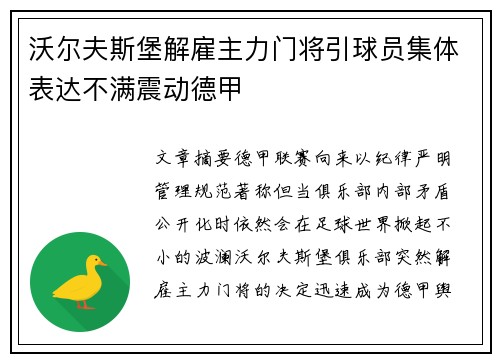 沃尔夫斯堡解雇主力门将引球员集体表达不满震动德甲 沃尔夫斯堡解雇主力门将引球员集体表达不满震动德甲