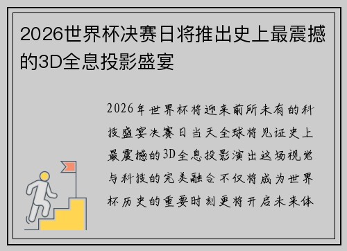 2026世界杯决赛日将推出史上最震撼的3D全息投影盛宴 2026世界杯决赛日将推出史上最震撼的3D全息投影盛宴
