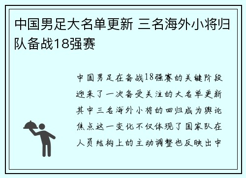 中国男足大名单更新 三名海外小将归队备战18强赛 中国男足大名单更新 三名海外小将归队备战18强赛