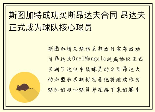 斯图加特成功买断昂达夫合同 昂达夫正式成为球队核心球员 斯图加特成功买断昂达夫合同 昂达夫正式成为球队核心球员