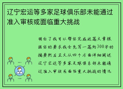辽宁宏运等多家足球俱乐部未能通过准入审核或面临重大挑战 辽宁宏运等多家足球俱乐部未能通过准入审核或面临重大挑战